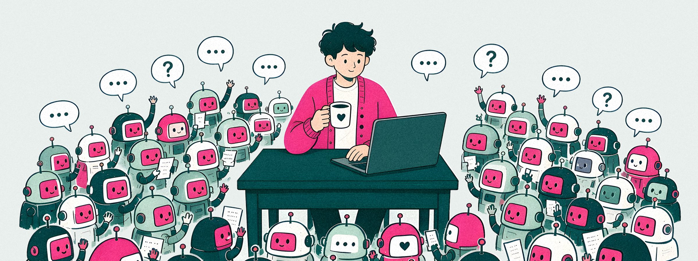 Illustration: a person with curly black hair in a pink cardigan sits at a desk with a laptop and a heart mug, surrounded by dozens of small robots raising their hands, holding papers and sending speech bubbles with question marks.